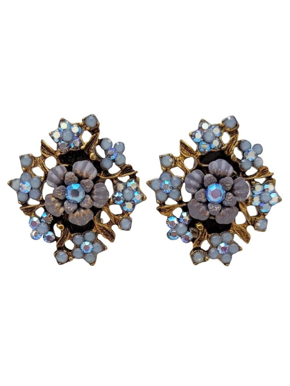 Michal Negrin Israel Blue AB Rhinestone Enamel Flower Pierced Earrings, K133